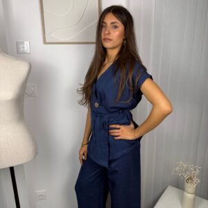 Ensemble Alma bleu : blouse manche courte et pantalon