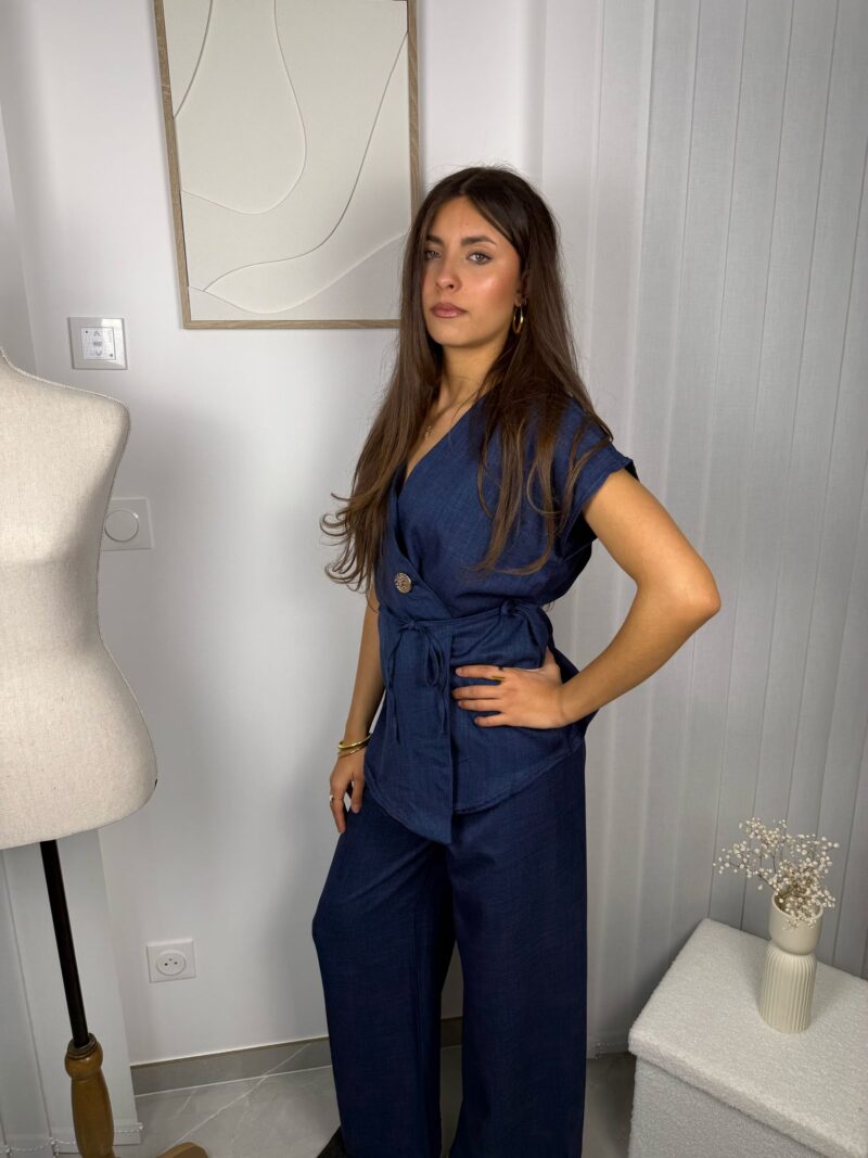 Ensemble Alma bleu : blouse manche courte et pantalon