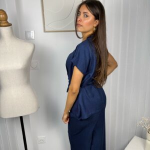 Ensemble Alma bleu : blouse manche courte et pantalon