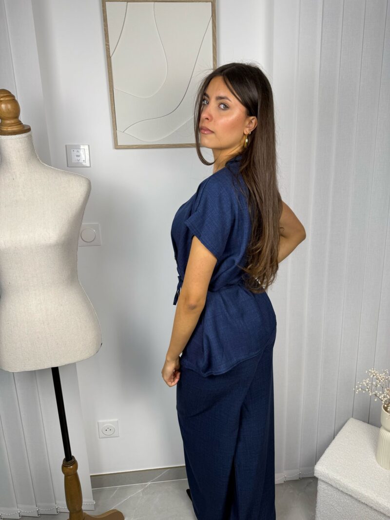 Ensemble Alma bleu : blouse manche courte et pantalon